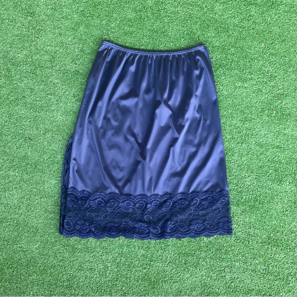 Blue Satin Half Slip with Lace Trim - Women Intimates